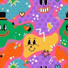Obraz premium Vector colorful seamless pattern with hand drawn abstract comic funny cute characters in psychodelic cartoon style. Use it for wallpaper, textile print, pattern fills, surface textures, wrapping paper