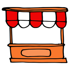a kiosk counter in a flat style. Doodle-style food market, wooden counter with red and white striped awning and signboard, with black outline on white for design template