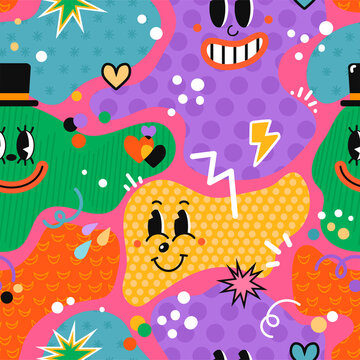 Vector colorful seamless pattern with hand drawn abstract comic funny cute characters in psychodelic cartoon style. Use it for wallpaper, textile print, pattern fills, surface textures, wrapping paper © lizavetas