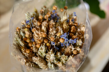 Bouquet of dried flax close-up. A bouquet that will not wither