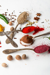 Close up of Cinnamon, curry and paprika powder spice on spoons white surface