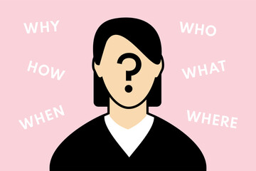 Agender head icon with a question mark and words where, who, why, what, how, when