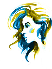 Beautiful Ukraine yellow blue woman face. fashion illustration watercolor - 503698137