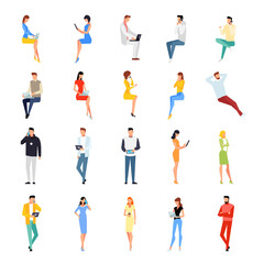 Fototapeta na wymiar Set of young people in a flat style isolated on a white background. Flat men and women read using tablet pc and laptops. Set of European students in different poses. Vector illustration.