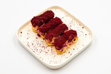 Raspberry eclair cake. Eclair cake with raspberry filling on a white background. close up