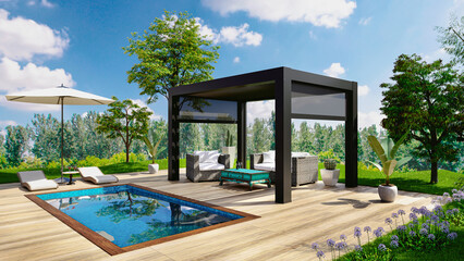 3D illustration of outdoor wooden deck with black pergola - obrazy, fototapety, plakaty