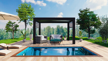 3D render front view of outdoor pergola on teak pool deck - obrazy, fototapety, plakaty