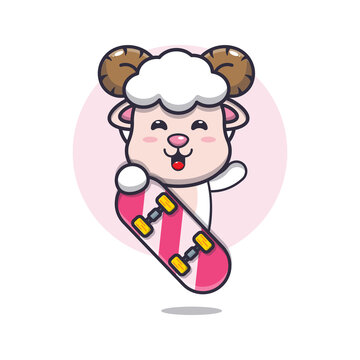 cute sheep mascot cartoon character with skateboard