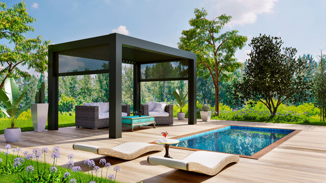 3D render of luxury outdoor terrace with swimming pool and pergola.