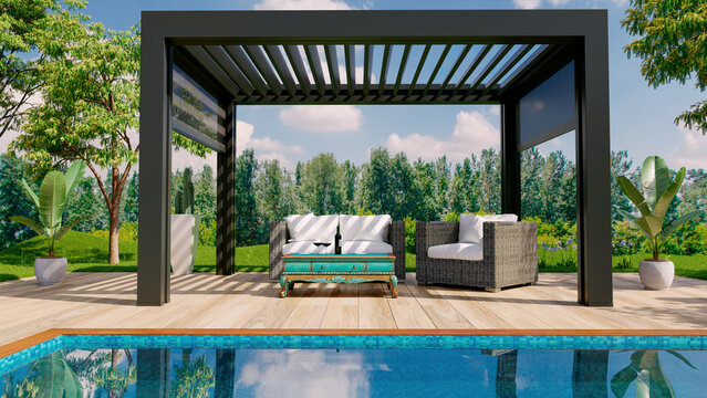 3D render of modern pergola on outdoor terrace