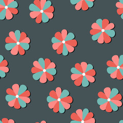 Seamless floral pattern based on traditional folk art ornaments. Colorful flowers on color background. Scandinavian style. Sweden nordic style. Vector illustration. Simple minimalistic pattern