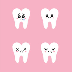 Kawaii. Set of sad teeth emoticons. Vector illustration.