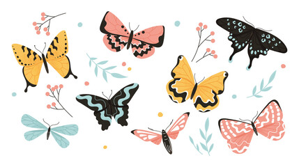 Cute butterflies set. Collection of stickers for social networks and graphic elements to decorate website. Spring season and insects. Cartoon flat vector illustrations isolated on white background