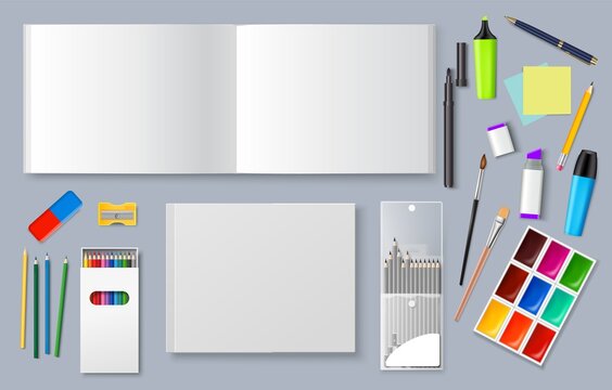 Painting art stationery realistic 3d vector set