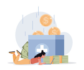 Fototapeta na wymiar Concept of donation. Girl lies next to box of coins. Charity and caring for weak. Foundation raises funds, aid and support. Advertising poster or banner for website. Cartoon flat vector illustration