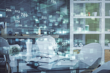 Double exposure of data theme drawing and office interior background. Concept of technology.