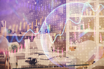 Multi exposure of stock market chart drawing and office interior background. Concept of financial analysis.