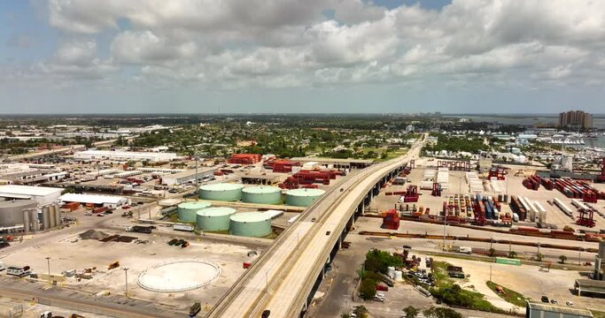 Industrial scene at Port of Palm Beach. 5k aerial drone video