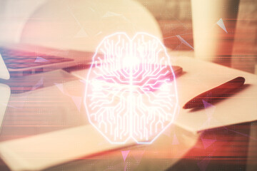 Double exposure of brain theme drawing and cell phone background. Concept of information