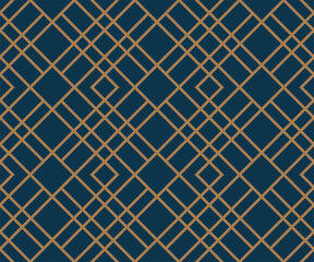 Art deco line art. Rhombus grid pattern in gold and blue color. Decorative seamless background.
