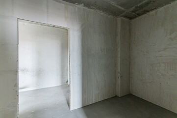 Russia, Moscow- May 21, 2020: interior apartment rough repair for self-finishing. interior decoration, bare walls of the room, stage of construction
