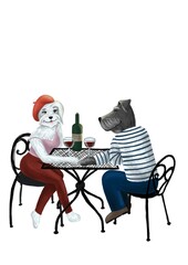 Obraz premium Dog couple cartoon characters having dinner in the outside cafe 