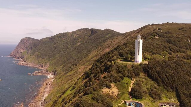 aerial footage of a lighthouse in a cliff next to the sea in Gorliz, Basque country, Spain