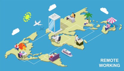 Isometric business people over world map vector