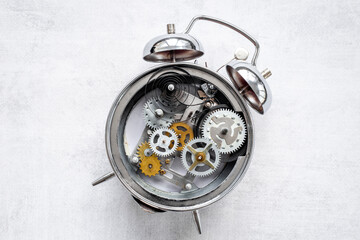 Macro detail of watch mechanism with gears and wheels closeup