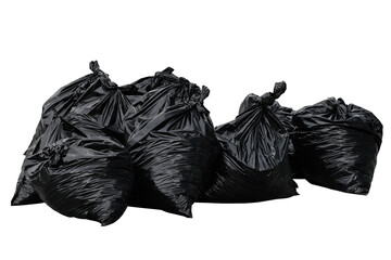 Large black trash plastic bags on a white insulated background