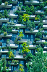 Naklejka premium View of the balconies and terraces of Bosco Verticale, full of green plants. Spring time. 05-09-2022. Milan, Porta Nuova skyscraper residences, Italy 