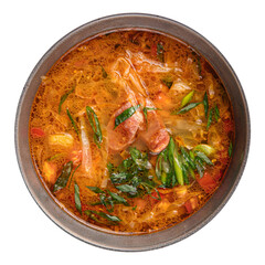 Isolated bowl of hunter sausage soup on white background