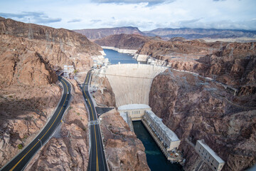 Hoover Dam and Lake Meade with the white rings which shows the lake is in the midst of an...