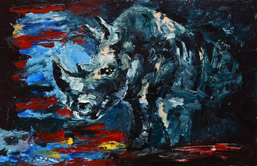Blue and black futuristic rhino. Modern expressionist handmade acrylic painting © Yurii