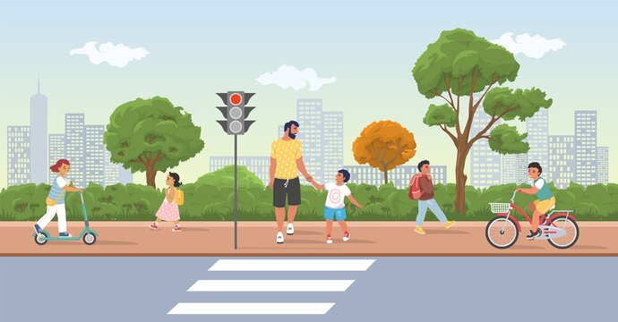 Children on street scene vector crosswalk on road