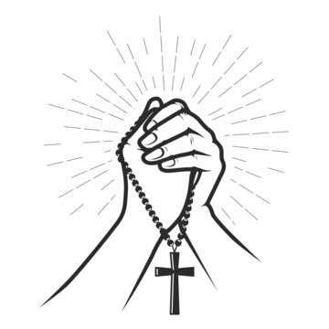 praying hands holding rosary, black and white clip art preview