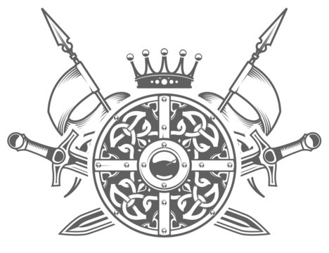 Medieval knight armor, round shield with decorative pattern, crown with crossed swords and pennants, medieval blazon and heraldic coat of arms, vector