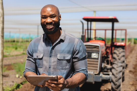 Portrait of smiling african american bald mid adult man with digital tablet standing in greenhouse