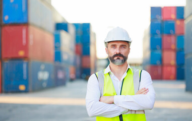 Man manager cross arm. Handsome caucasian male dock foreman worker in white hard hat helmet and high-visibility vest walking in Shipping Cargo Container Terminal Depot