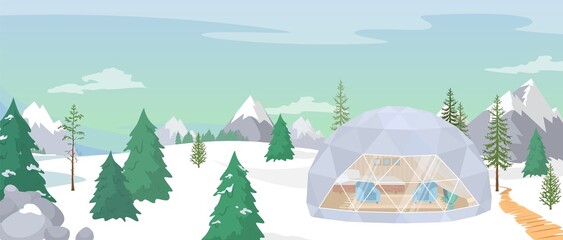 Winter glamping vector snowy forest with cozy tent © Siberian Art