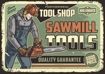 Sawmill worker with chainsaw poster