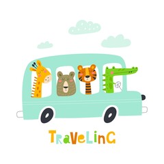 Many cute animals riding on a bus. Vector illustrations