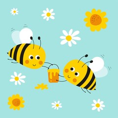 Obraz premium Greeting card with cartoon cute bee. Vector illustrations