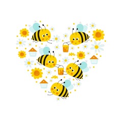 Obraz premium Greeting card with cartoon cute bee. Vector illustrations