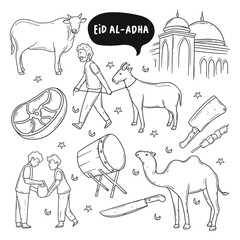 Eid al-adha icon set with hand drawing illustration