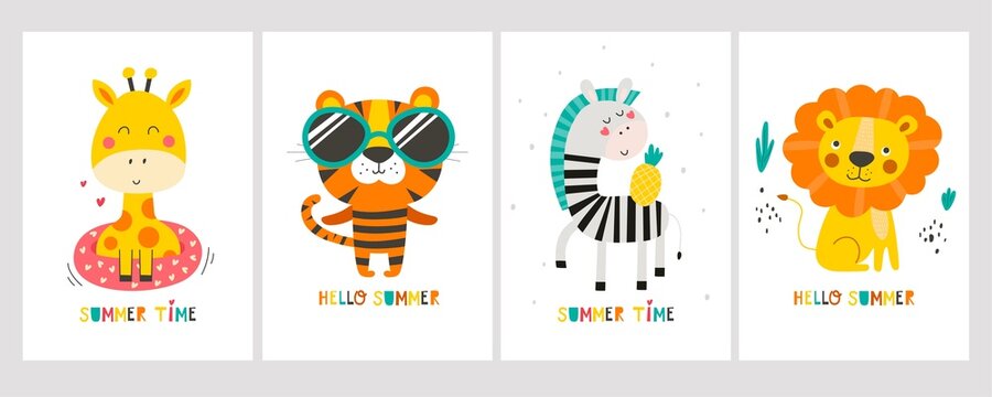Set summer card with cute animals. Vector illustrations