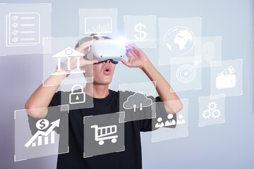 Man using VR glasses virtual Global Internet connection metaverse digital technology with online transaction in metaverse virtual world. Metaverse technology concept Innovation of futuristic.