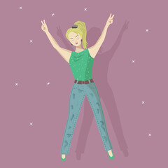 Vector illustration of dancing lady on disco party. Music,mood, happiness, rock concert. Isolated character