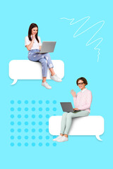 3d creative abstract template photo graphics collage of two happy ladies chatting modern devices...