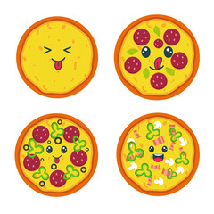 Whole kawaii pizza in different flavors. Fast Food Illustration